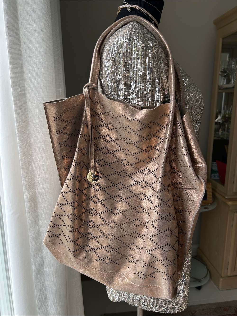Metallic Rose Gold Laser-Cut Tote Bag with Charm
